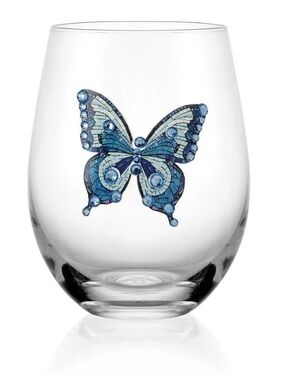 Blue Mosaic Butterfly Stemless Wine Glass